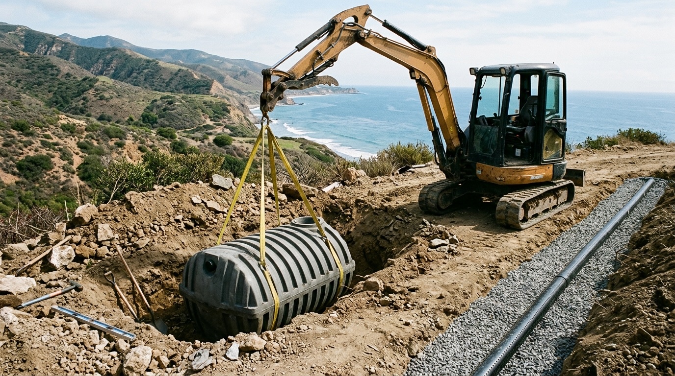 Illustrated — a new plastic septic tank lowered by excavator into a pit on a coastal hillside, gravel leach trench beside it